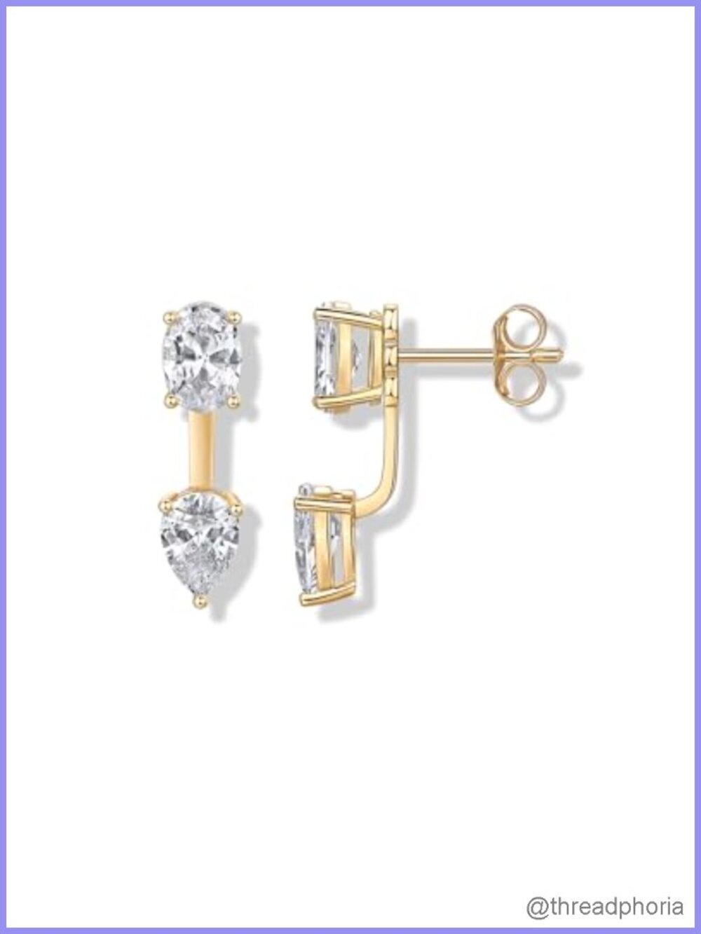 14K Gold Plated CZ Earring Jacket Front Back Stud Earrings 925 Silver